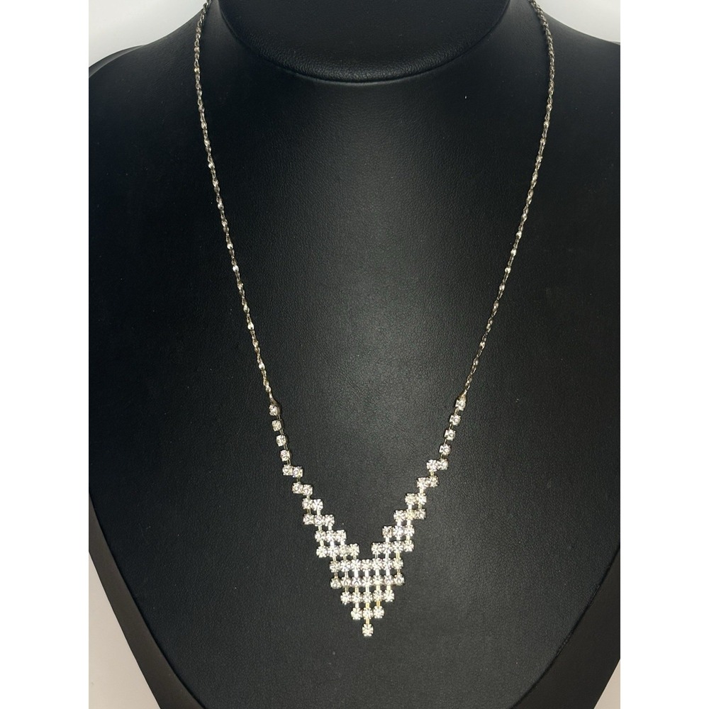 Vintage Art Deco Clear Rhinestone 16" Necklace Silver Tone Prong Settings